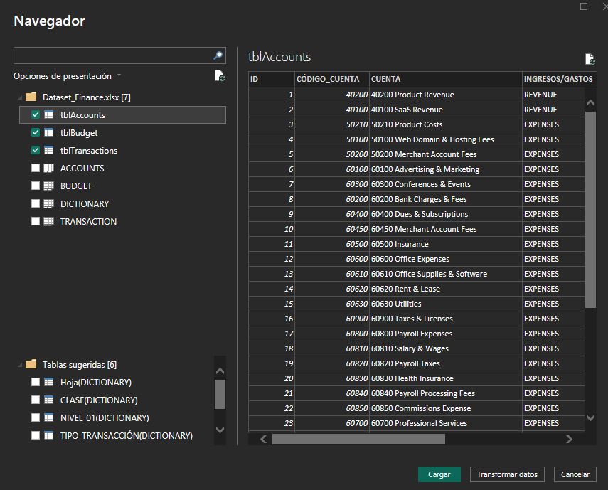 Carga de Datos y selección de tablas en Power BI